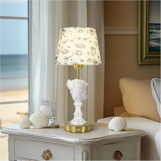Conch Shell Rechargeable Lamp, Cordless Lamps, 4400mAh Battery Powered Lights, Night Light, Linen Shade, Touch Switch,Wireless Lamp for Nightstand, Home, Office, Room Decor(Bulb Included)