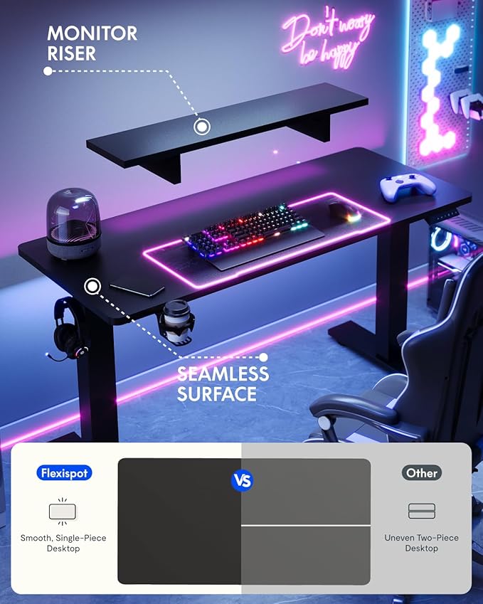 FLEXISPOT Standing Desk with Monitor Stand, 55 x 24 Inches One-Piece Electric Height Adjustable Computer Desk with Cup Holder, Home Office Desks (Black Frame+ Black Top)