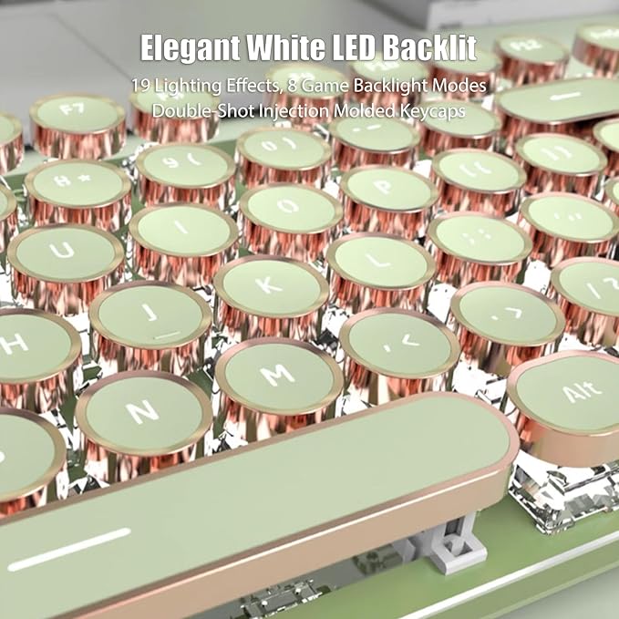 Typewriter Style Mechanical Gaming Keyboard White LED Backlit 104-Key NKRO Pink Switches Retro Round Keycaps Golden Ring Volume Knob Metal Panel Wired USB-C Detachable Cable, Matcha Green