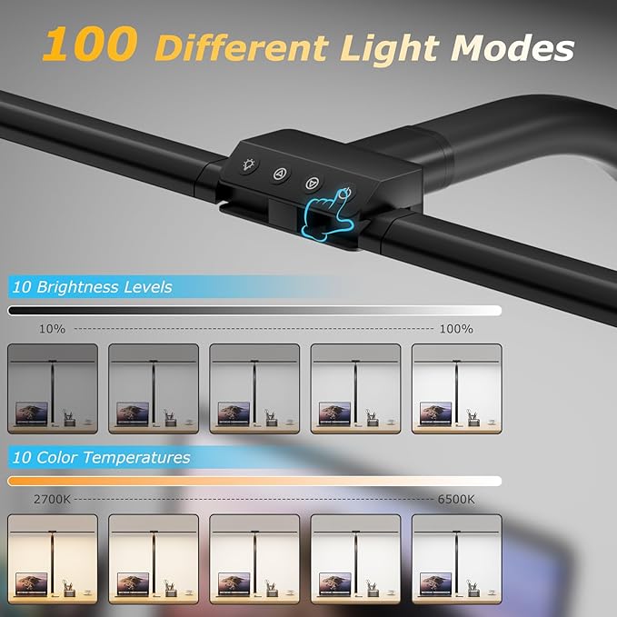 Double Head Desk Light with Clamp, LED Desk Lamp with Remote Control, Tall Double Head Desk Lamp with Clamp, 10 Brightness Modes & 10Colors, Adjustable Desk Light for Work & Study