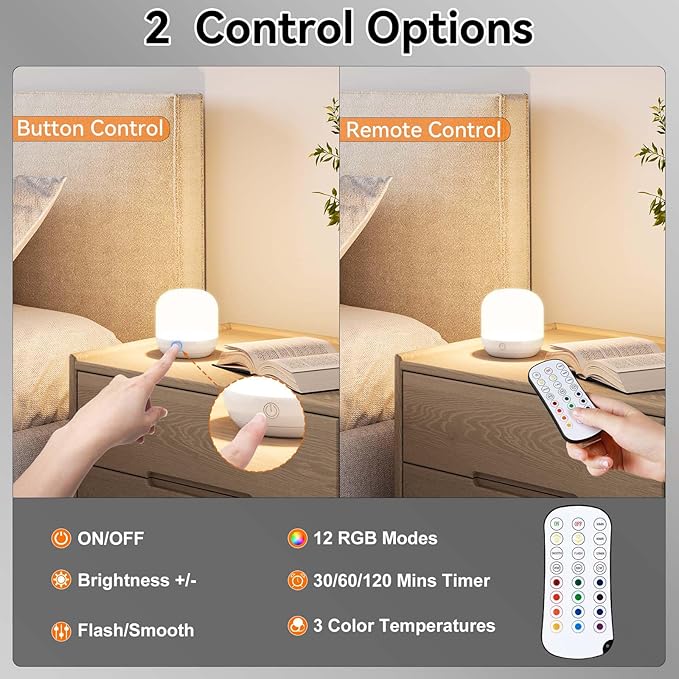 SUNMORY Rechargeable Night Light, Small Table Lamp for Bedroom, Dimmable Bedside Lamp with Magnetic Charging Station, Cordless Nightstand Lamp, LED Lights with 12 RGB Colors, Timer & Remote Control