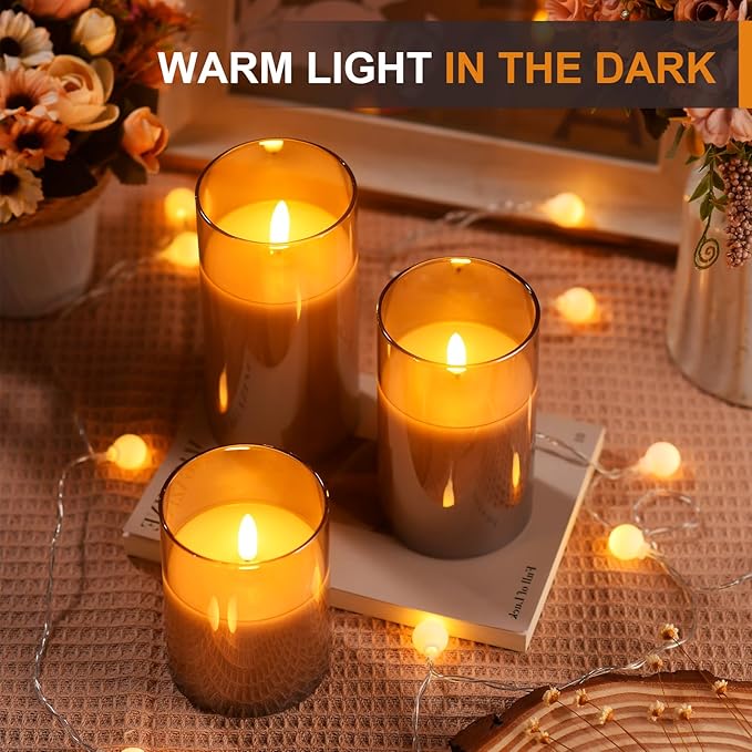 Glass Battery Operated LED Flameless Candles with Remote and Timer, Real Wax Candles Warm Color Flickering Light for Festival Wedding Home Party Decor(Pack of 3)-Grey