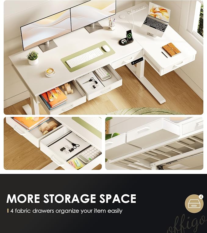 OffiGo 63 Inch L Shaped Electric Standing Desk with Drawers, Height Adjustable Large Desk with Power Outlets, Sit Stand Table, Writing Computer Desk for Home, Office, Workstation,White