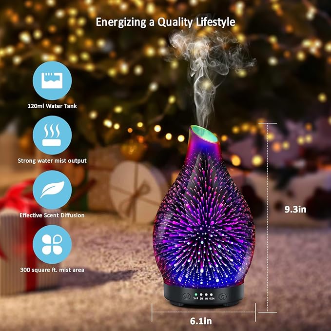 Essential Oil Diffuser 120ML -3D Firework Glass Aromatherapy Diffusers for Essential Oils with 4 Timer Setting Waterless Auto Shut-Off Silent Operation 7 Colors Lights Changing for Room, Office, Yoga