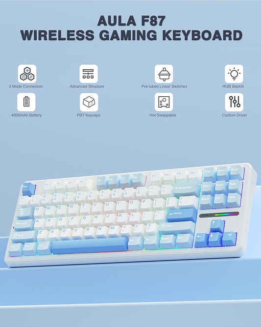 AULA F87 Wireless Mechanical Keyboard, 75% TKL Custom Hot Swappable Gaming Keyboards with PBT Keycaps, Pre-lubed Greywood Switches, RGB Backlit Creamy Keyboard, 2.4GHz/USB-C/BT5.0