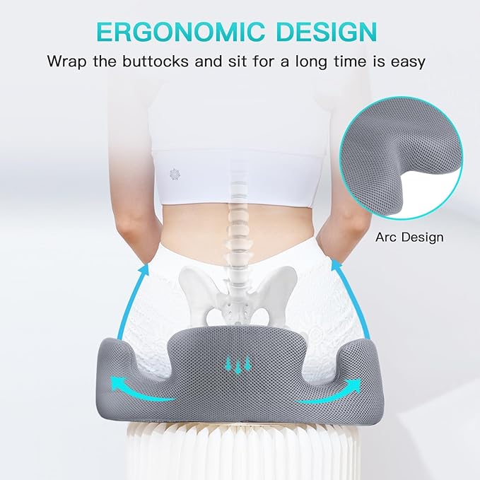Benazcap Memory Seat Cushion for Office Chair Sciatica & Back Pain Relief Memory Foam Firm Coccyx Pad for Car, Wheelchair, Gaming Chair and Desk Chair, Gray