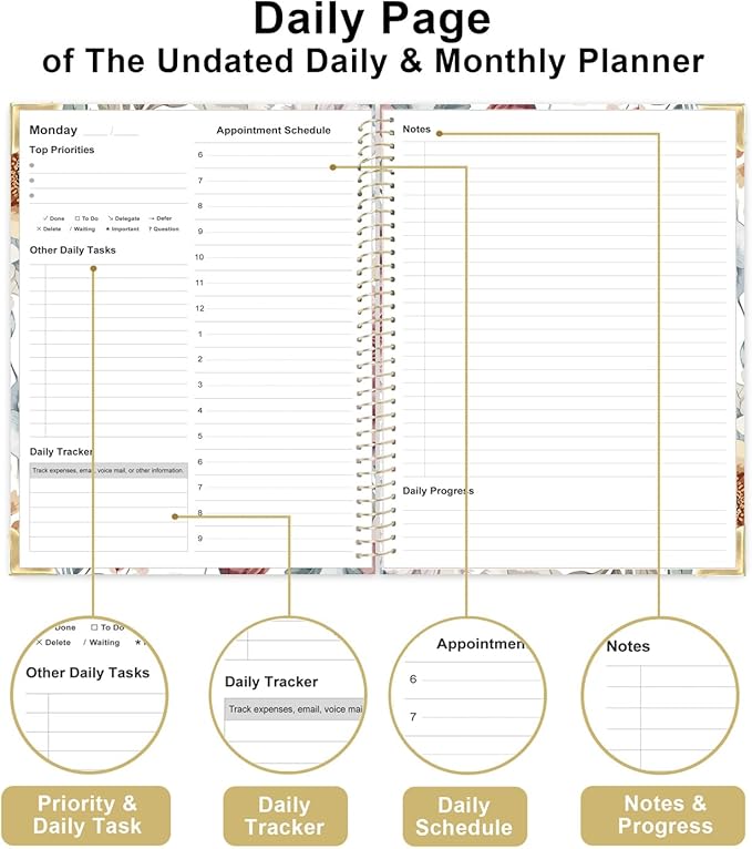 Undated Daily Monthly Planner for 2025 2026 - A4 To Do List with Hourly Schedule, Hardcover Spiral Bound Daily Planner to Increase Focus, Stylish School/Office Supplies, 8.5" x 11", Flower