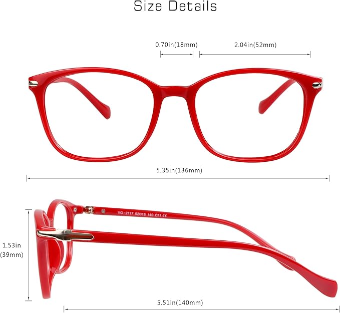 VisionGlobal Blue Light Blocking Glasses for Women, Anti Eyestrain, Computer Reading, TV Glasses, Stylish Square Frame, Anti Glare(Red,+4.50 Magnification)