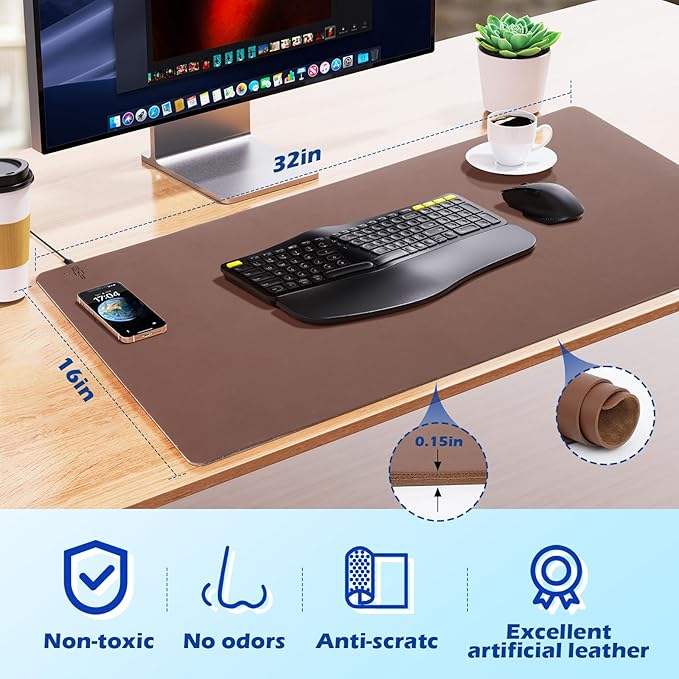 Wireless Charging Desk Mat with Desk Pad for Desktop Charging Large Mouse Pad Waterproof Leather Computer Mat Mouse Pad Non-Slip Protector on Top of Desks for Keyboard and Mouse (brown-l, 32*16inch)