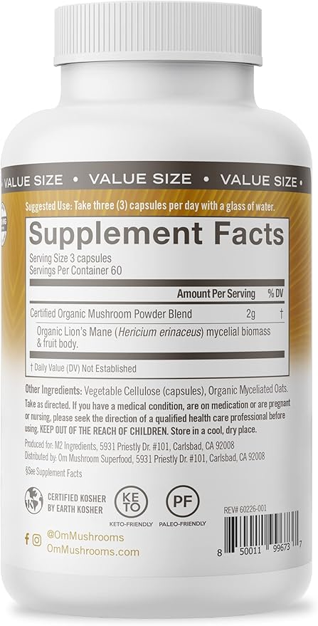 OM MUSHROOM SUPERFOOD Lion's Mane Mushroom Capsules Superfood Supplement, 180 Count, 60 Days, Fruit Body and Mycelium Nootropic for Memory Support, Focus, Clarity, Nerve Health, Creativity and Mood