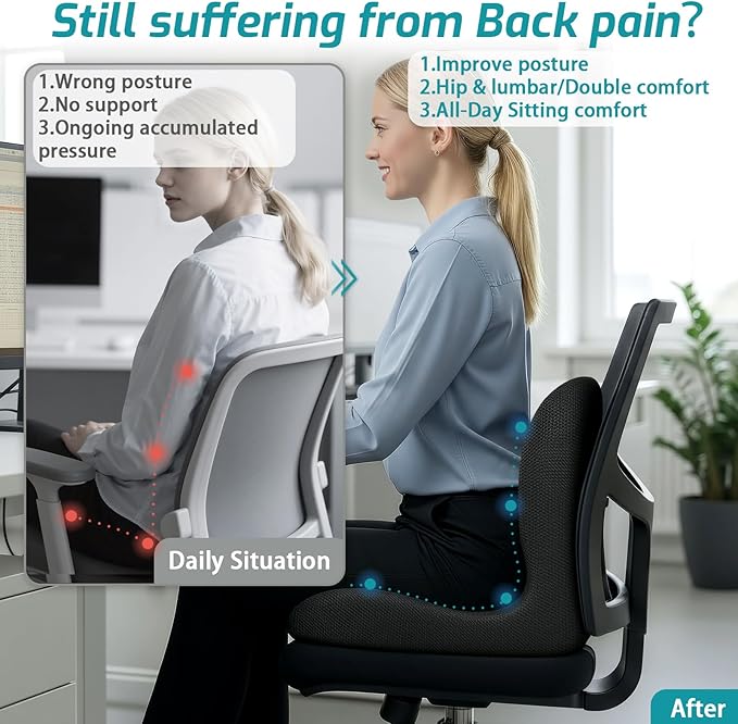 Memory Foam Seat Cushion,Office Chair Cushion with Lumbar Support for Back Pressure Relief, Car Seat Cushion with Adjustable Strap,Sciatica Pad Cushions for Car,Truck, Desk (C-Black+Mesh Cloth)