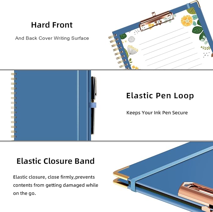 Ospelelf Clipboard with Storage 8.5 X 11，Padfolio Organizer, Spiral Portfolio Letter Size with Notepad, Pen Holder, 5 Extra Folder Divider Pages, Elastic Closure Nurse Office Essentials (Dark Blue)