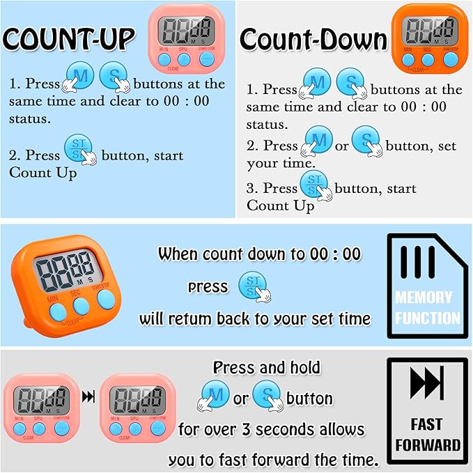 Xuhal 50 Pieces Digital Kitchen Timer Bulk, Small Magnetic Timers for Classroom, Digits Stopwatch Clock Timer for Cooking Baking Sports Games Office, Not Including Battery (Pink,Orange)