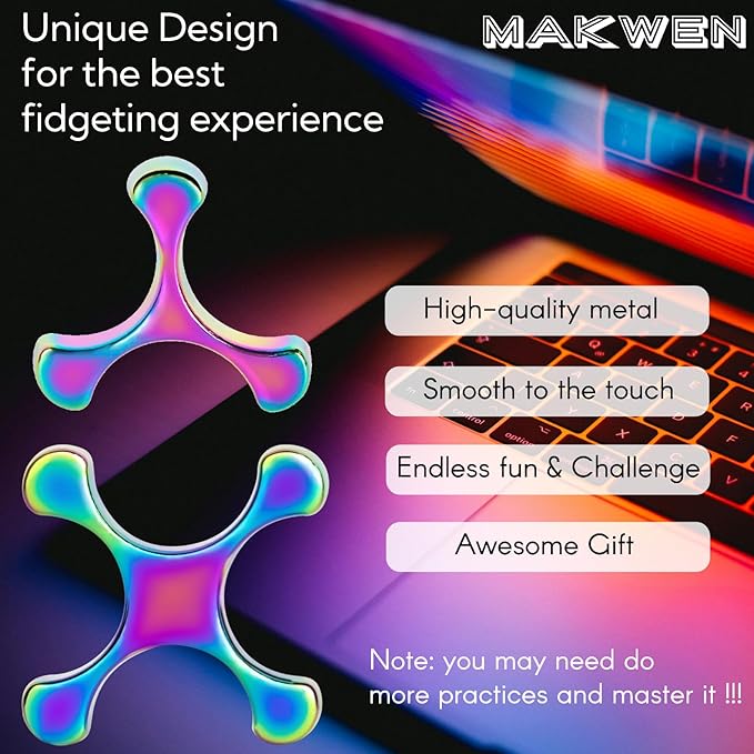 Fidget Toys Adults - Metal Finger Fidget Flipper 2Shapes - Quiet Unique Fidget Ring Stim Toys - Stocking Stuffer & Top Gadget Gift Idea (Rainbow)