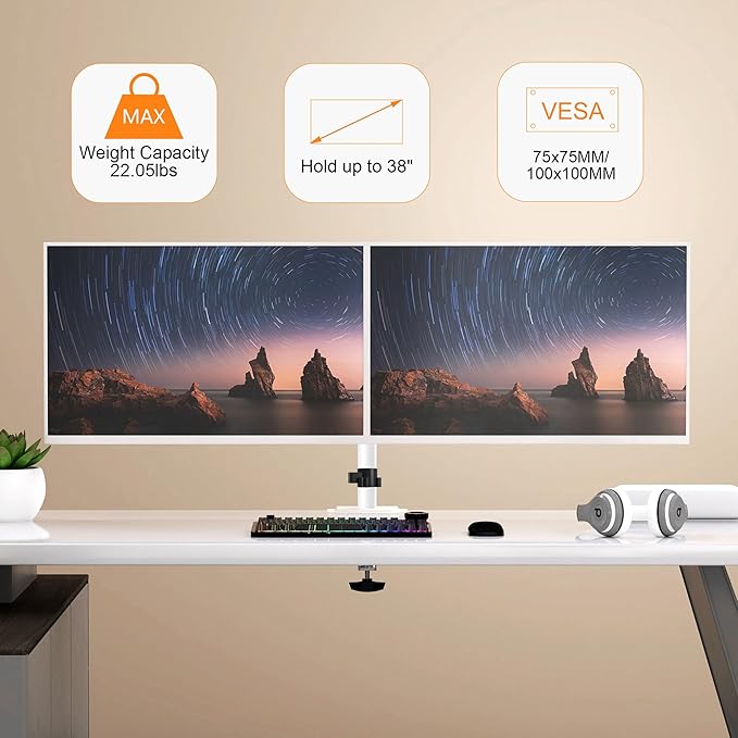 Pholiten Dual Monitor Stand, Heavy Duty Adjustable Monitor Arm Desk Mount for 2 Screens up to 38Inches, Tilt, Swivel, Rotate, Supports Tilt, Swivel, Rotate, Supports 22 lbs per Arm,White