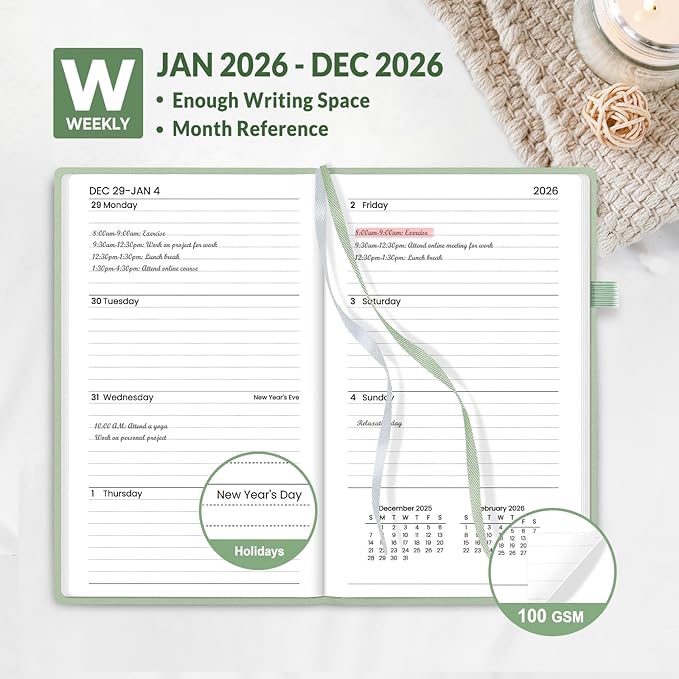 SUNEE 2026 Pocket Weekly Planner for Purse 3.5" x 6" - 12 Month (January 2026 - December 2026), Small Size Planner, Hardcover, Notes, Pocket, 100 GSM Paper, Sage Green