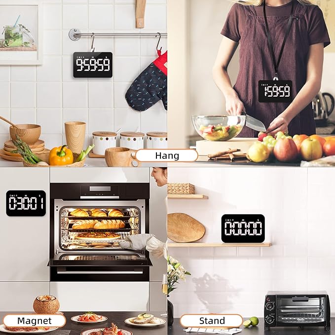 Rechargeable Digital Kitchen Timer for Cooking, Magnetic Timers with Countdown/up, Kids Timer with 5”LED Display 3 Brightness 4 Volume Adjustable for Classroom/Office/Home/Work/Study/Fitness/Game