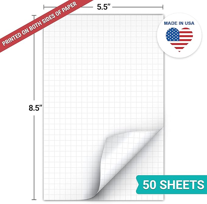 321Done Double Sided Graph Paper Notepad, 0.25 Grid, 5.5x8.5, Made in The USA, Quad Ruled Pad for Writing, Drawing, Sketching Bullet Journaling (50 Sheets) Thick Heavy White Paper