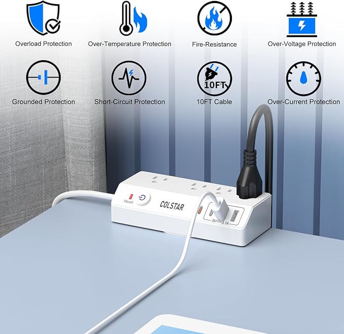 Desk Clamp Power Strip with 4 AC Outlets & 4 USB Ports Including PD 20W Fast Charging, Desk Mount Power Strip Surge Protector for Office,10FT Extension Cord Fits 1.8" Tabletop Edge (White)