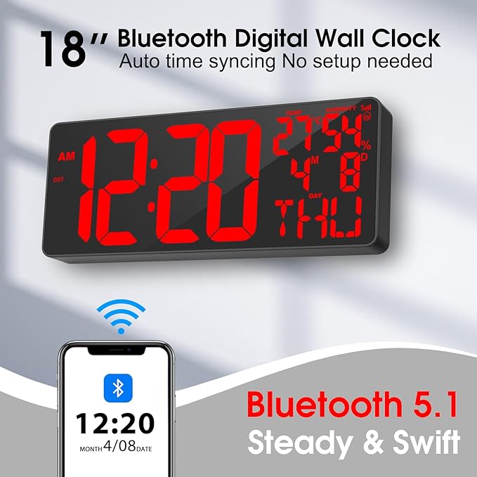 [2024 New] 18" Digital Wall Clock Large Display/Bluetooth Sync Time, Large Wall Clock with Remote Control, Auto DST, Alarm, Temperature and Date - Easy to Read and Set Timer