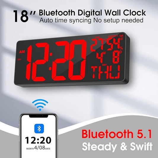 [2024 New] 18" Digital Wall Clock Large Display/Bluetooth Sync Time, Large Wall Clock with Remote Control, Auto DST, Alarm, Temperature and Date - Easy to Read and Set Timer