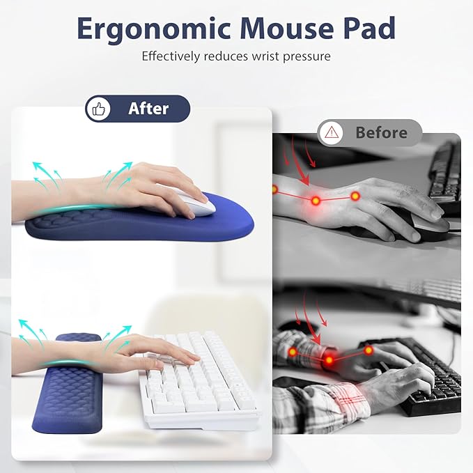 3 in 1 Ergonomic Mousepad with Wrist Rest, Gaming Keyboard Mouse Pad with Wrist Support Non-Slip Base Massage Design, Pain Relief (Blue/Black)