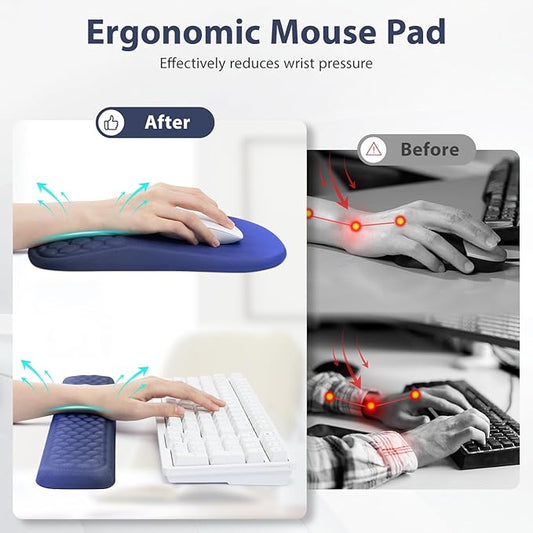 3 in 1 Ergonomic Mousepad with Wrist Rest, Gaming Keyboard Mouse Pad with Wrist Support Non-Slip Base Massage Design, Pain Relief (Blue/Black)