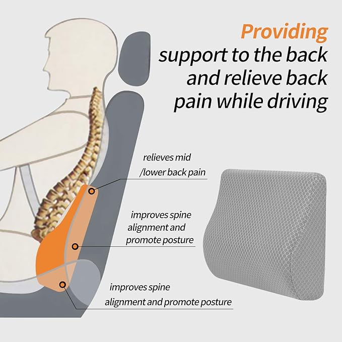 Memory Foam Lumbar Support Pillow for Car - Lower Back Support Cushion for Driving, Back Pain Relief for Car Seat, Office Chair, Wheelchair (Gray)