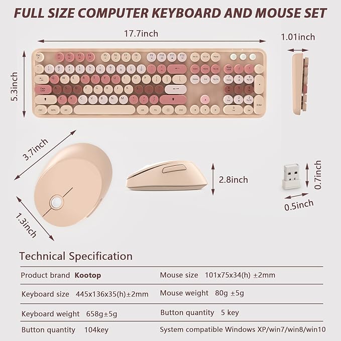 Colorful Wireless Keyboard and Mouse Combo - 104 Key Wireless Keyboard with Number Pad for Windows PC, Notebook, Laptop (Chocolate)