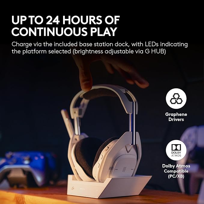 Logitech G Astro A50 X Omni-Platform Wireless Gaming Headset + Base Station for PS5, Xbox, PC: PLAYSYNC Video & Audio Switcher, HDMI 2.1 4K 120Hz VRR, <24 bit/48 kHz, 24hr Battery, 2.4GHz & BT - White