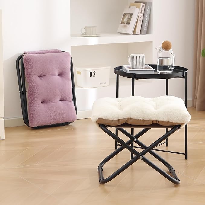 LITA Folding Footrest Stool, Portable Ottoman Foot Rest, Upholstered Small Foldable Ottoman Stool with Detachable Thick Cotton Cushion Padded Sofa Stool for Living Room, Bedroom, Plush Beige