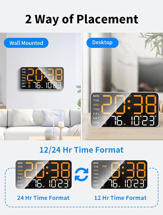 MASHI 8.4''Large Digital Wall Clock, Led Alarm Clock with Big Digits, Date, Temperature, DST, Modern Decor Design for Desk,5-Level Brightness for Room, Bedroom, Gift, Yougster and Elderly