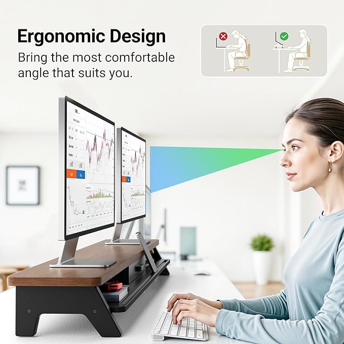 Dual Monitor Stand Riser,LED 2-Tier 39.3 Inch Computer Monitor Stand for 2 Monitors,Office Desktop Organizer with Storage Drawer and Phone Holder for Laptop,PC,Computer,Printer,Walnut