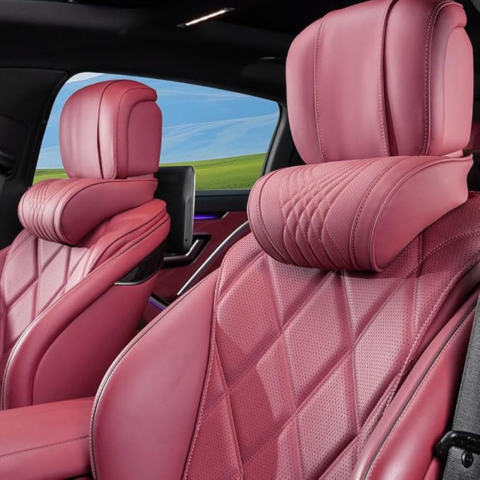 Car Headrest Memory Foam Neck Pillow for Driving with Leather Cover Soft Comfortable Seat Head Pillow Cushion for Most Cars SUV Sedan Home Office Red (2PC)