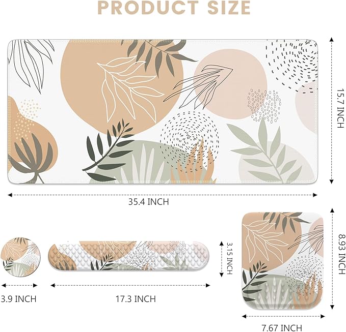 HAOCOO Computer Desk Mat Large, Ergonomic Mouse Pad with Wrist Rest and Keyboard Wrist Pad, 4 in 1 Desk Pad Set with Coaster, Massage Gaming Mousepad for Laptop Desktop Office, Boho Tropical Leaves