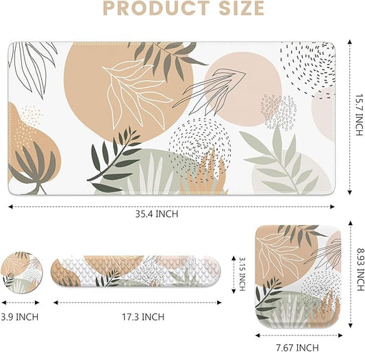 HAOCOO Computer Desk Mat Large, Ergonomic Mouse Pad with Wrist Rest and Keyboard Wrist Pad, 4 in 1 Desk Pad Set with Coaster, Massage Gaming Mousepad for Laptop Desktop Office, Boho Tropical Leaves