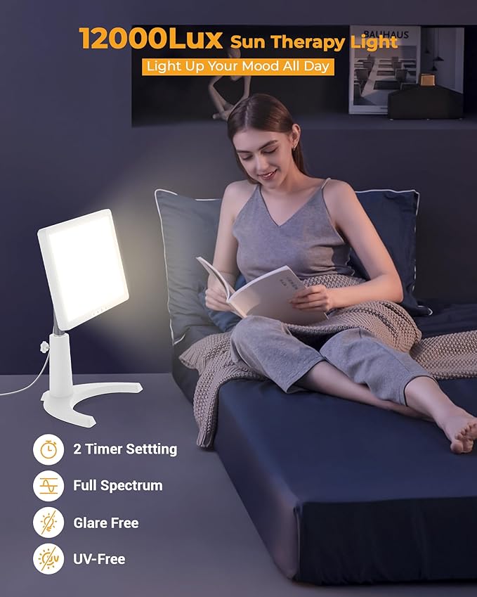 Light Therapy Lamp, 12000 Lux Full Spectrum 3 in 1 Therapy Lamps UV-Free LED Sunlight, Adjustable 10 Brightness 5 Color Modes, Timer, Height, Angle& Detachable Stand, White