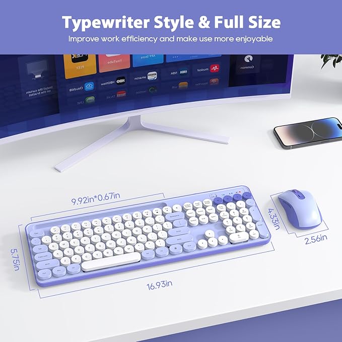Wireless Keyboard and Mouse Combo, Retro Round Keycaps, Cute Full-Size Typewriter Keyboard with Phone Holder, Sleep Mode, Click Soft, 2.4GHz Cordless Connection for Windows/PC/Laptop (Purple-Colorful)