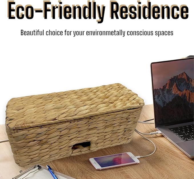 Cable Management Box, Water Hyacinth Organizer Box, Durable Rattan Cable Organizer, with 2 Open Slots for Home Office Desk Computer TV Wires USB Hub Power Strip, Handmade Rattan Cord Organizer Box