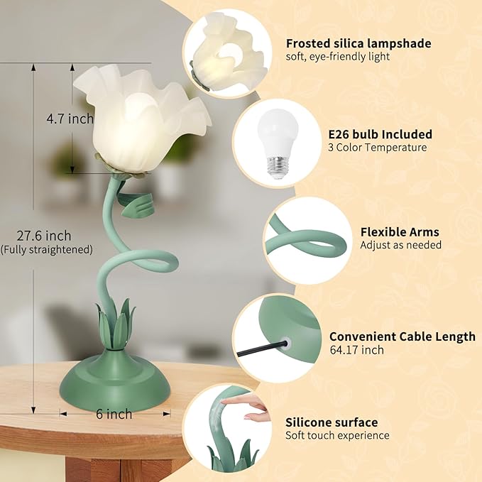 Cute Flower Desk Lamp, 3 Color Temperature Table Lamp with LED Bulb, Vintage Bedside Lamps, Reading Lamps with Soft Light for Bedroom, Living Room