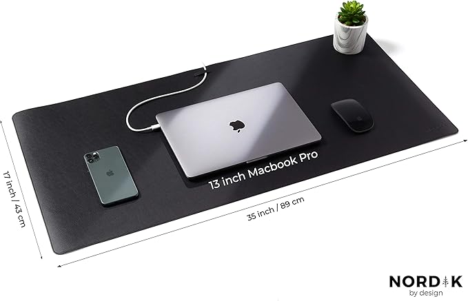 Nordik Cork Leather Desk Mat Cable Organizer (Pebble Black 35 X 17 inch) Premium Extended Mouse Mat for Home Office Accessories - Non-Slip Vegan Leather Desk Pad Protector & Desk Blotter Pad