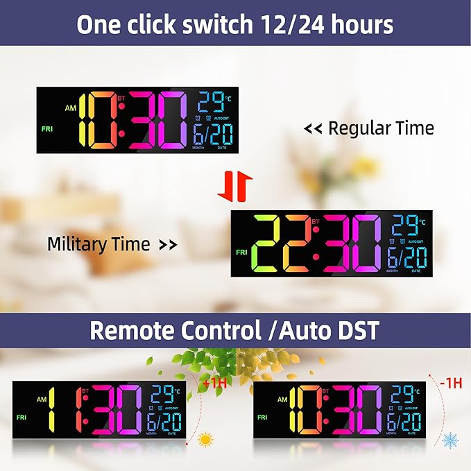 Maxstar 16.2'' Large Digital Wall Clock with Bluetooth Auto Sync, Remote Control, Alarm, LED Display, RGB Colors, Auto DST & Temperature for Classroom, Bedroom, Office, Garage-Black