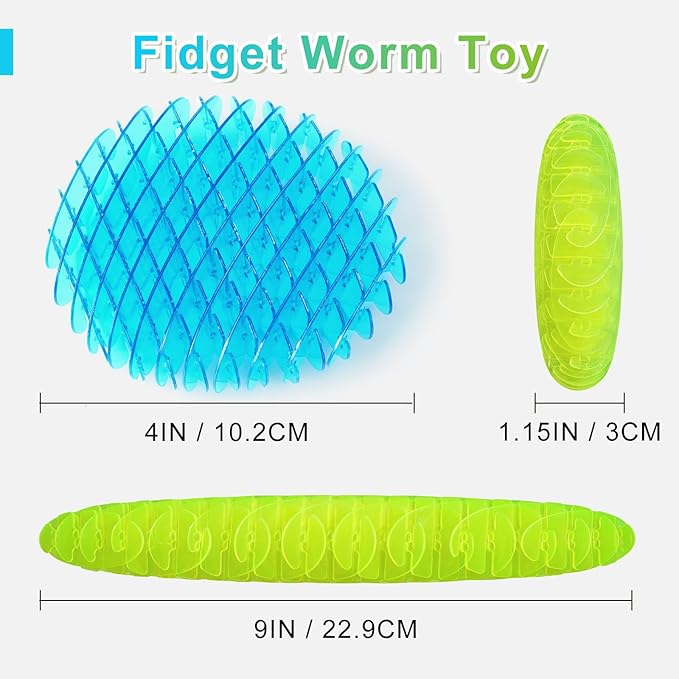 Fidget Worm Toy - Fidget Toys Adults | Sensory Toys for Kids with Autism & ADHD | Fidgets for Kids & Teens | Calming Tools for Stress | 2-Pack Quiet Fidget Toys for Desk & Classroom (Green+Blue,Small)