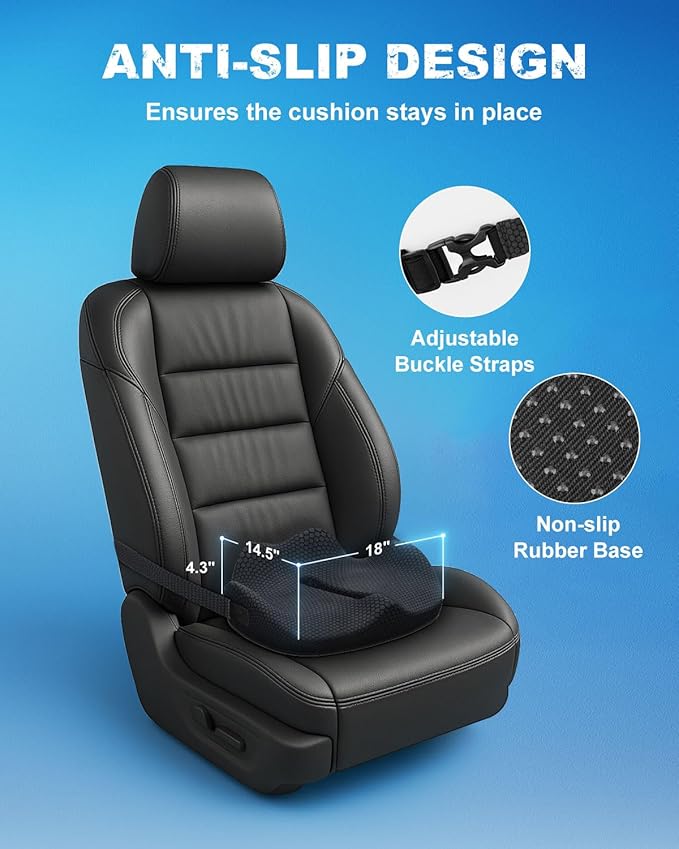 Memory Foam Truck Seat Cushion with TPE Gel Support, Truck Seat Cushion with Non-Slip Washable Cover for Back Support & Pain Relief During Long Drives(Black)