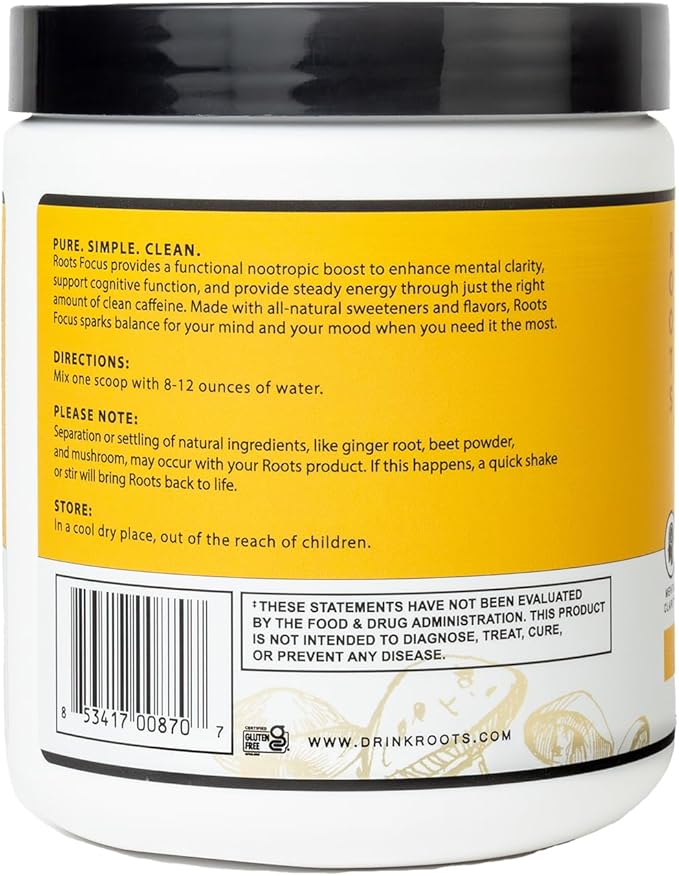 Roots Focus Nootropic Brain Supplement - Spicy Pineapple, Blend of Lion's Mane, Cordyceps, & Reishi Functional Mushrooms + Extended-Release Caffeine, 50 Servings