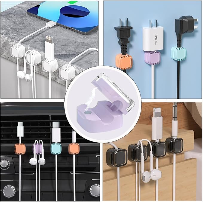 IFNOW 6 Pack Magnetic Cable Clips Cord Organizer Purple Self Adhesive Cord Holder Under Desk Cable Management for Home,Office,Car,Desk,Nightstand