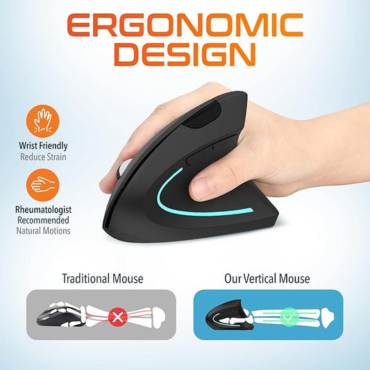 Delton Ergonomic Vertical Wireless Mouse, 2.4GHz USB Dongle, 6 Buttons, 3 Adjustable DPI Levels (800/1200/2400), AA Battery Operated, Compatible with PC, Laptop, Mac, Chromebook and More - Black