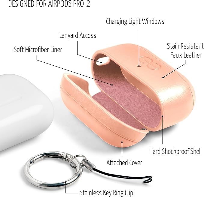 Dreem Om Case Cover with Keychain Clip Compatible with AirPods Pro 2/Pro, Protective One-Piece Hard Shell, Luxury Vegan Leather AirPod Pro Case 2nd/1st Generation with Separate Clip [Rose]