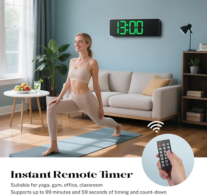 Digital Clock for Classroom, 16" Large Digital Clock with Remote Control, Led Wall Clock with Date, Week, Alarm, Temperature, Night Light for Living Room, Garage, Bedroom, Gym, Office(Green)