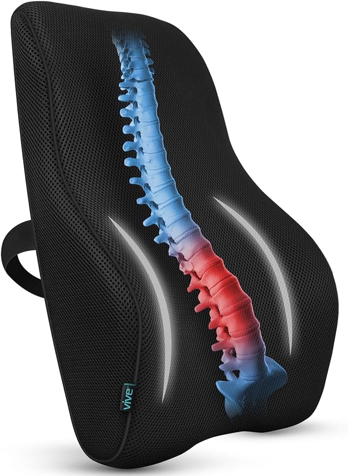 Vive Full Lumbar Pillow - Memory Foam Contour Support Cushion for Lower Back Pain - Muscle Strain, Sciatica, Arthritis, Osteoporosis, Scoliosis, Kyphosis, Bulging or Herniated Disc - Improve Posture